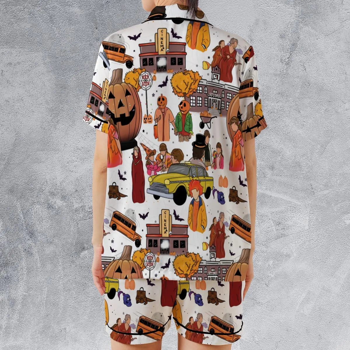 Fall Season Halloweentown Satin Short-Sleeve Pajamas Set