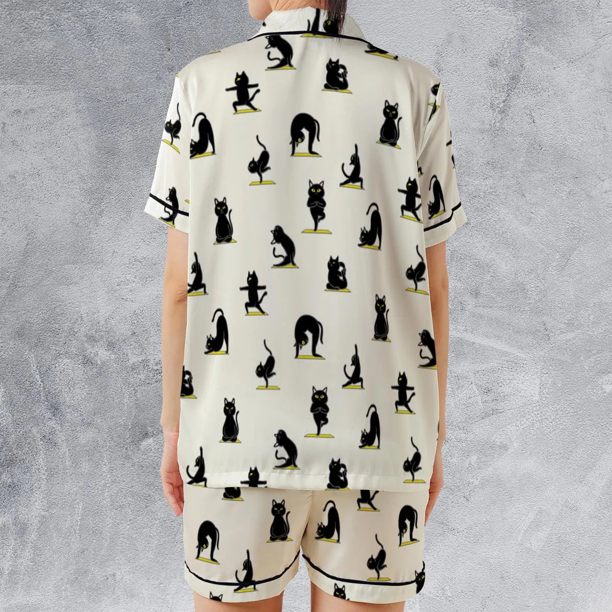 Bombay Cat Yoga Pattern Satin Short-Sleeve Pajamas Set