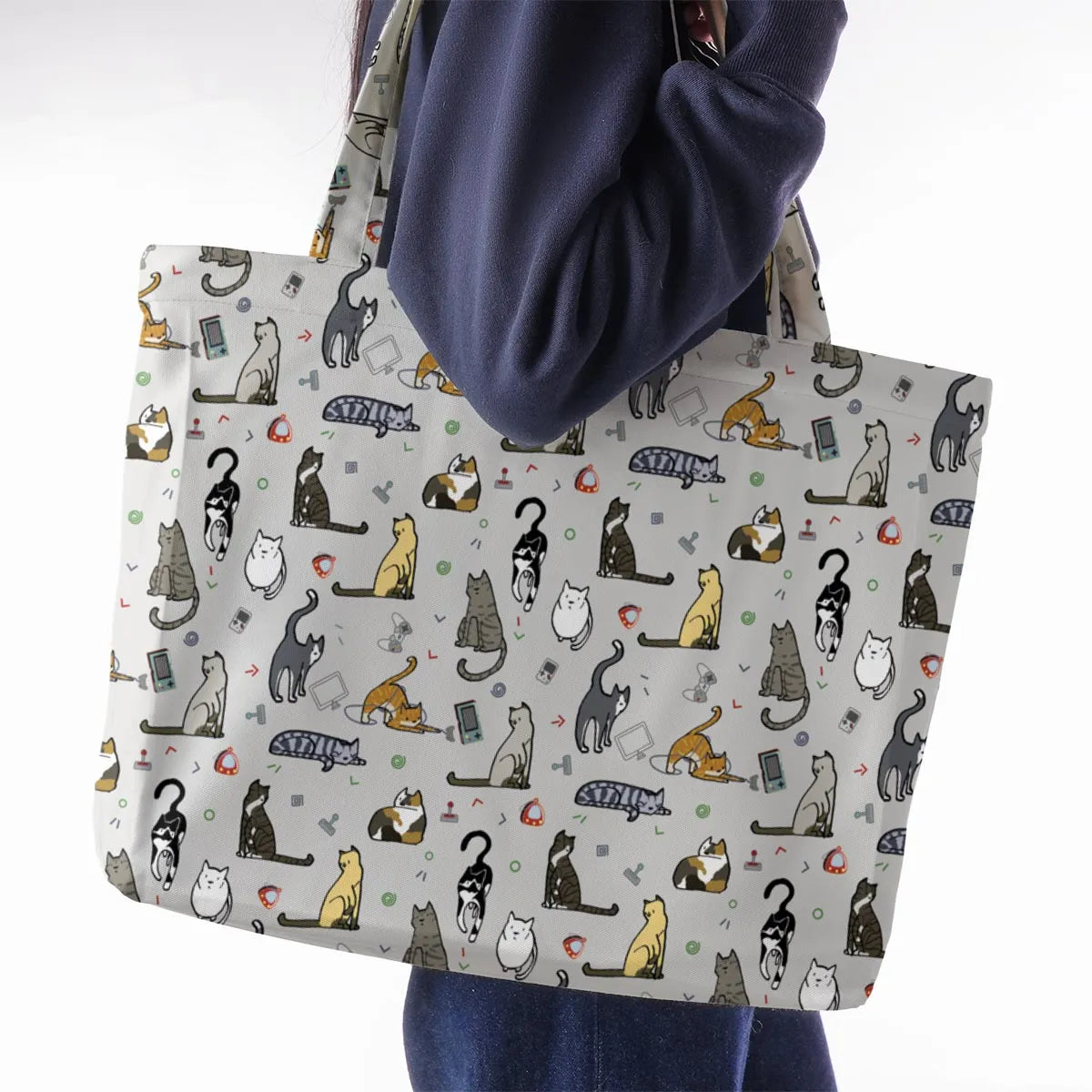 Cat the Gamer Pattern Large Tote Bag