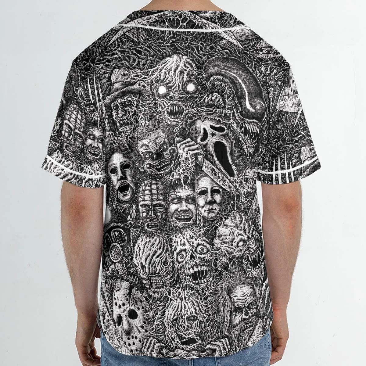 Horror Movie Assemblage Ghostface Xenomorph Pinhead Freddy Michael Myers Unisex Baseball Jersey