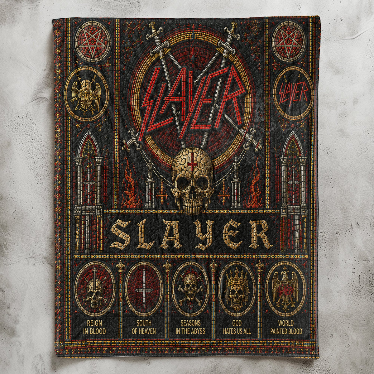 Slayer Sherpa Blanket Eagle Swords Skull Stained Glass Thrash Metal Throw Blanket