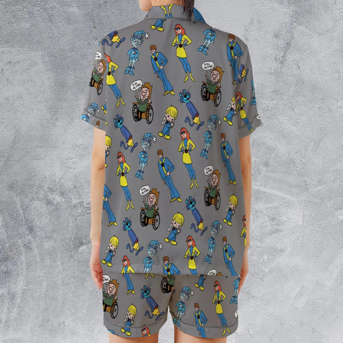 70s Saturday Morning Superhero Cartoon Satin Short-Sleeve Pajamas Set