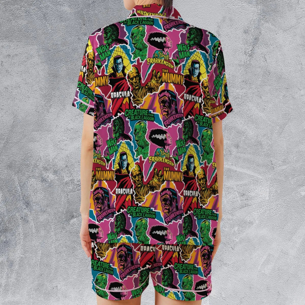 Monsters Pop Collage Universal Monsters Satin Short-Sleeve Pajamas Set
