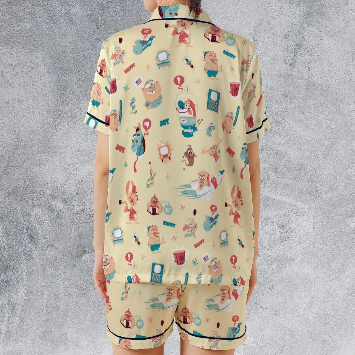 Ren and Stimpy Pattern Satin Short-Sleeve Pajamas Set