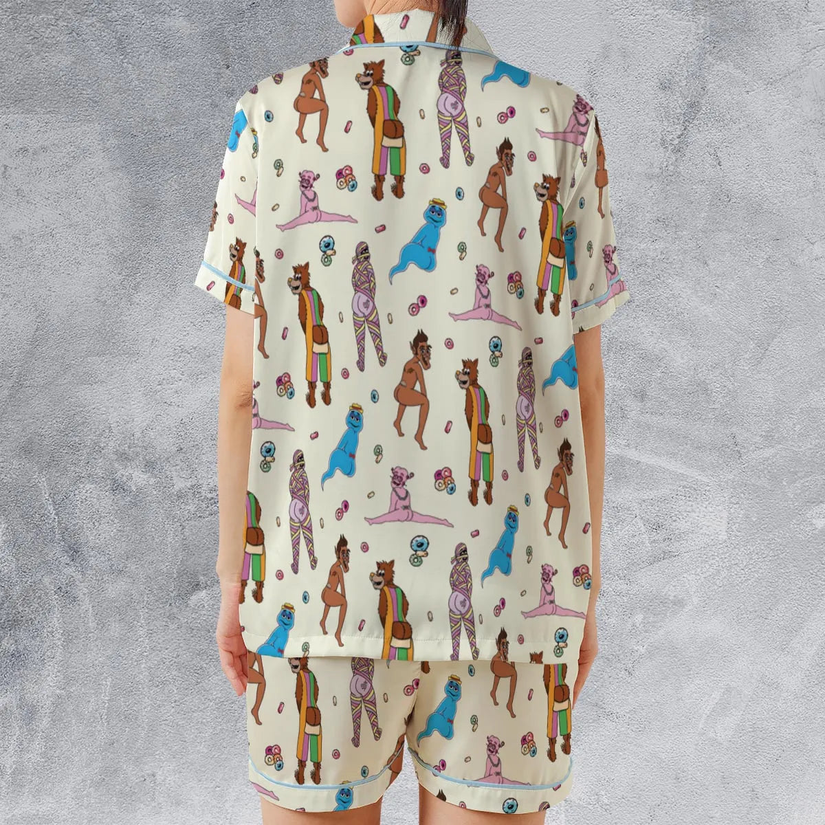 Cereal Monster Breakfast Satin Short-Sleeve Pajamas Set