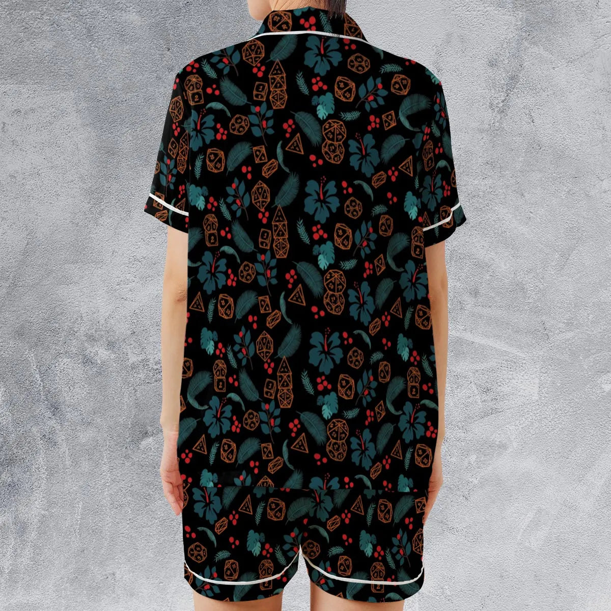 Floral Dice DnD Satin Short-Sleeve Pajamas Set