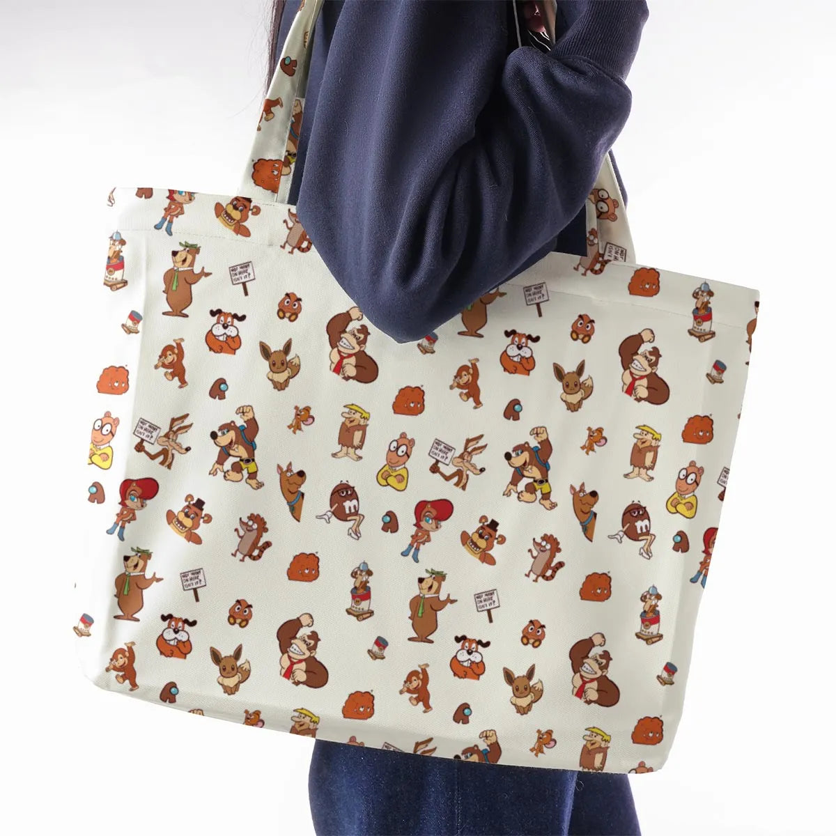 Famous Cartoon Characters in Brown Large Tote Bag