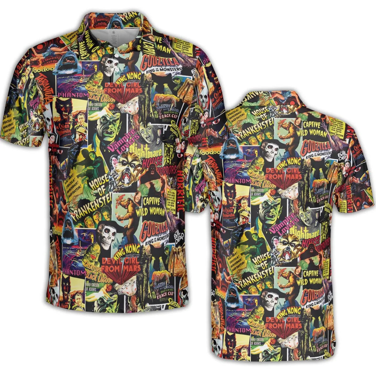 Fright Night Halloween Retro Horror Characters Collage AOP Men/Women Polo Shirt