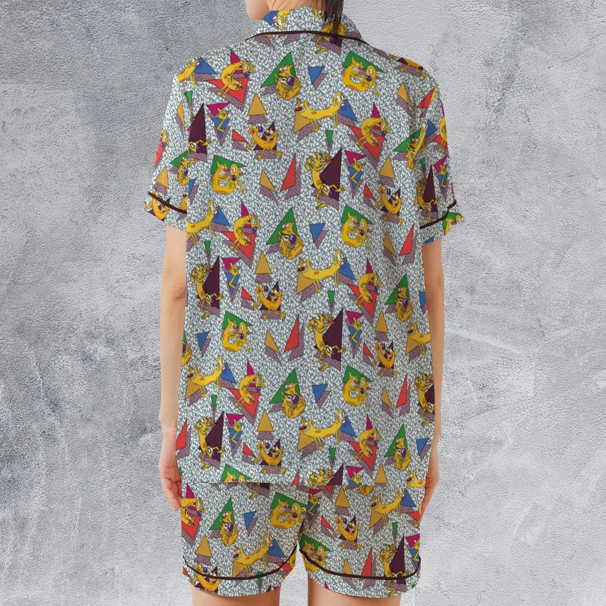 Catdog 90s Cartoon Pattern Satin Short-Sleeve Pajamas Set