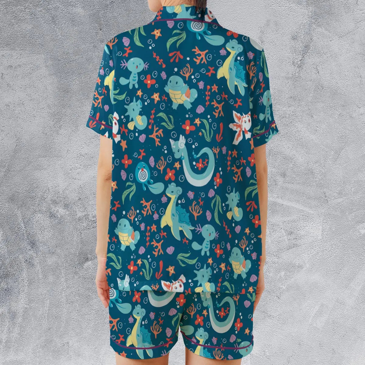 Water Pokemon Pattern Satin Short-Sleeve Pajamas Set
