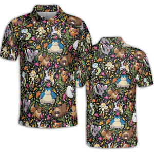 Floral Snorlax Bidoof Eevee Meloetta Pokemon AOP Men/Women Polo Shirt