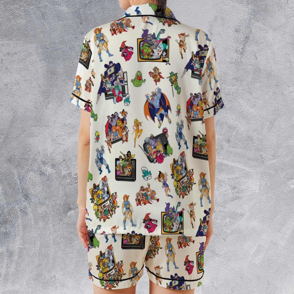 80s Famous Cartoon Characters Pattern Satin Short-Sleeve Pajamas Set