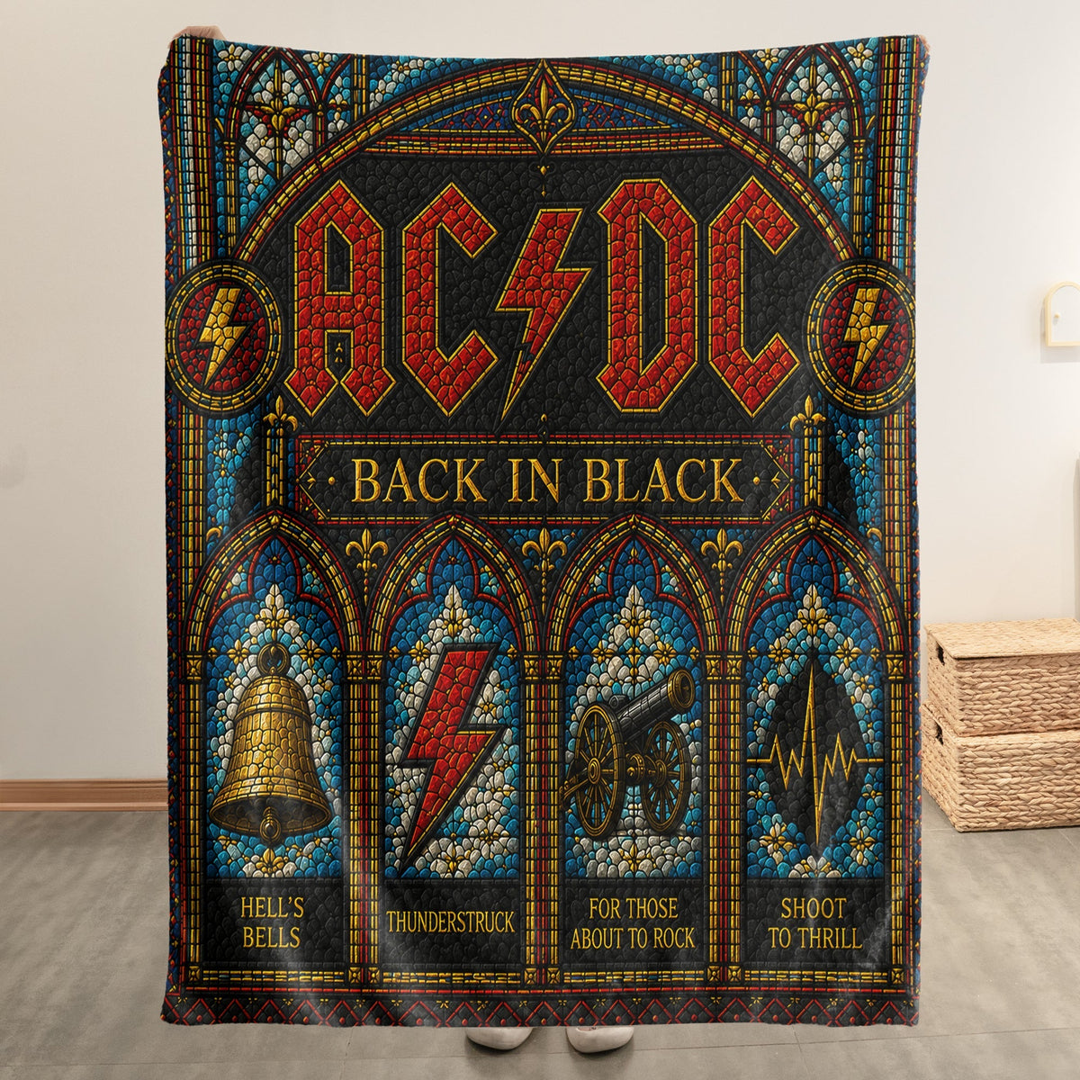 AC/DC Back In Black Sherpa Blanket Stained Glass Rock Icon Throw Blanket