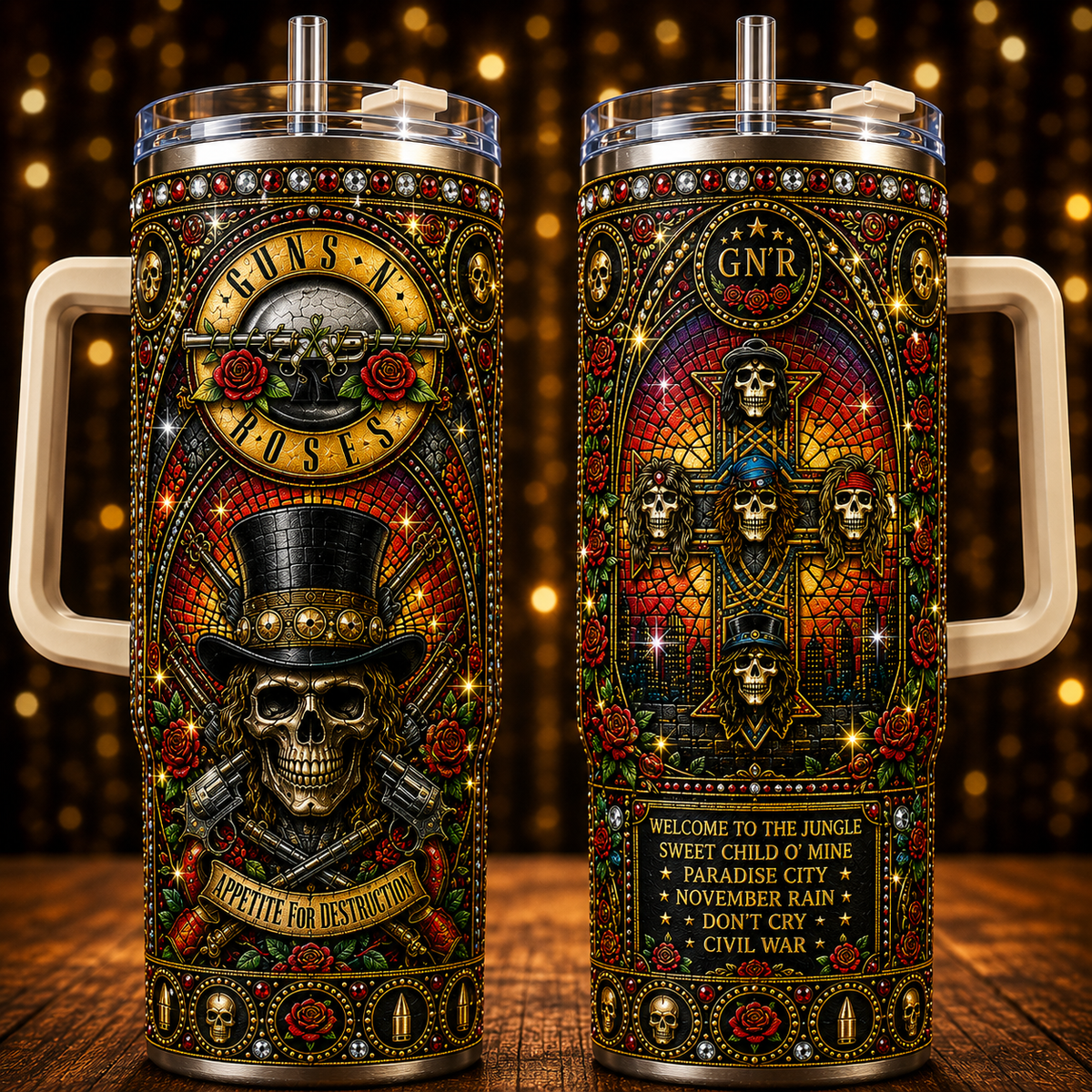 Guns N' Roses 40oz Insulated Tumbler with Handle Stainless Steel Travel Mug with Straw and Lid