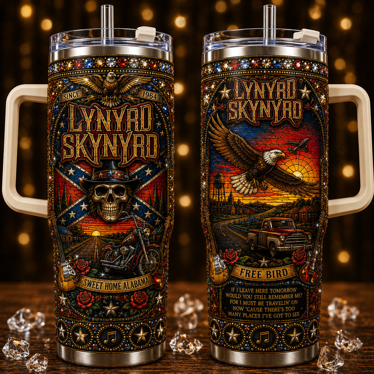 Lynyrd Skynyrd 40oz Rhinestone Insulated Tumbler with Handle Stainless Steel Travel Mug with Straw and Lid