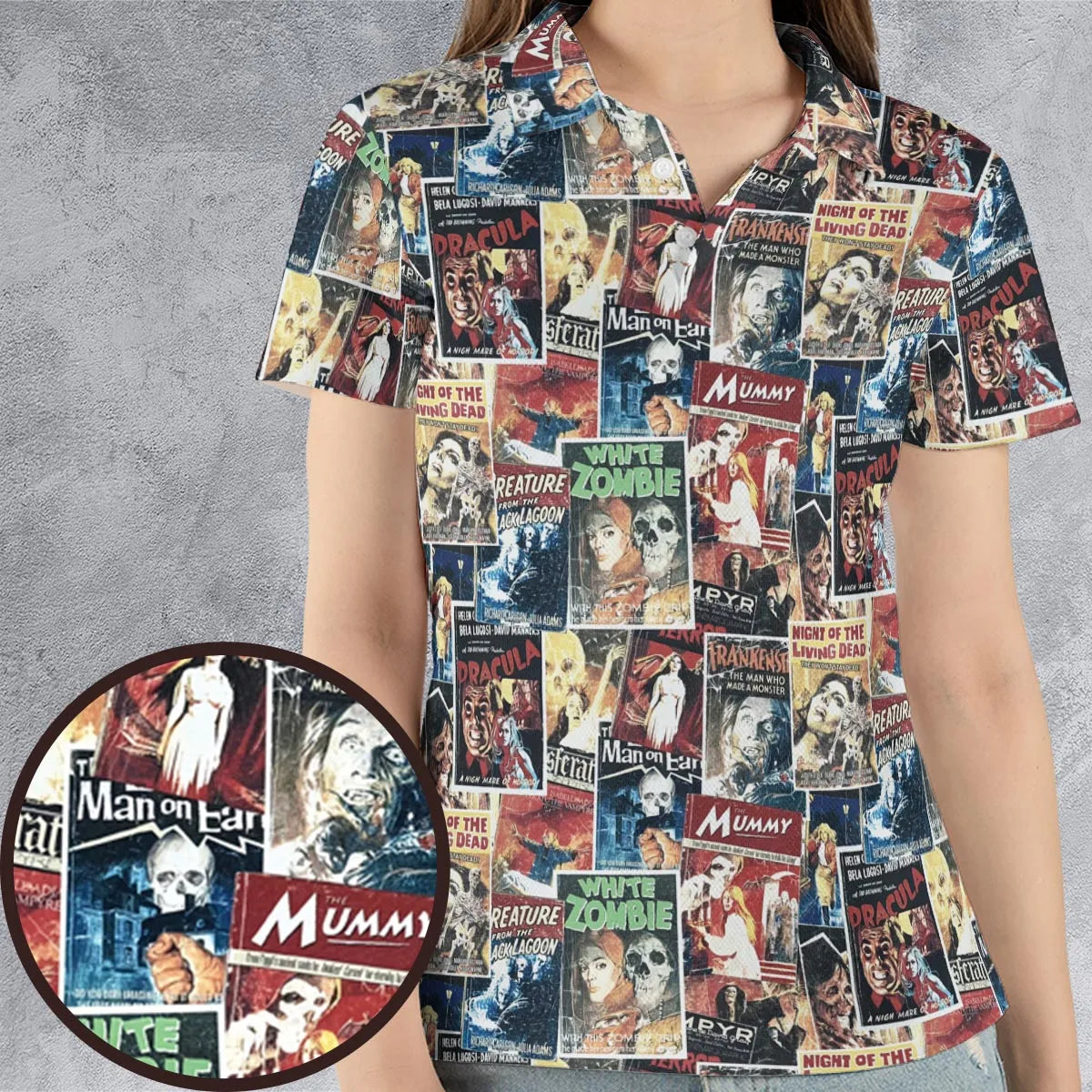 Pioneering '50s Classics Monster Hammer Horror Films AOP Men/Women Polo Shirt