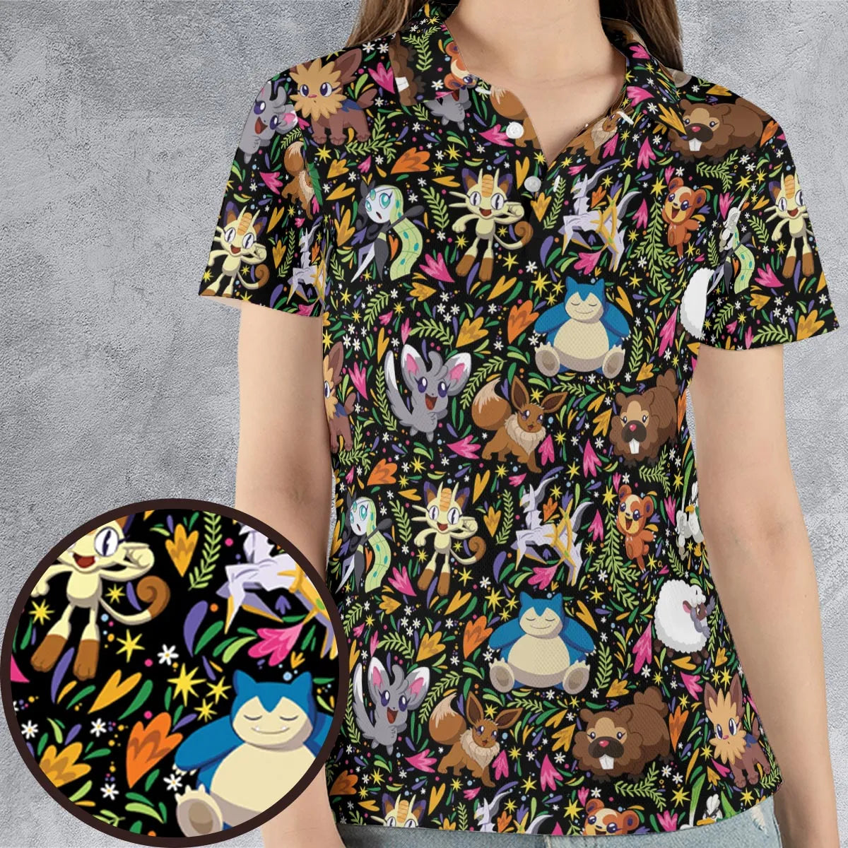 Floral Snorlax Bidoof Eevee Meloetta Pokemon AOP Men/Women Polo Shirt