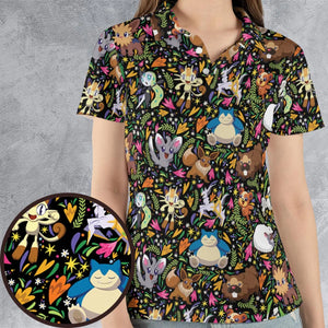 Floral Snorlax Bidoof Eevee Meloetta Pokemon AOP Men/Women Polo Shirt