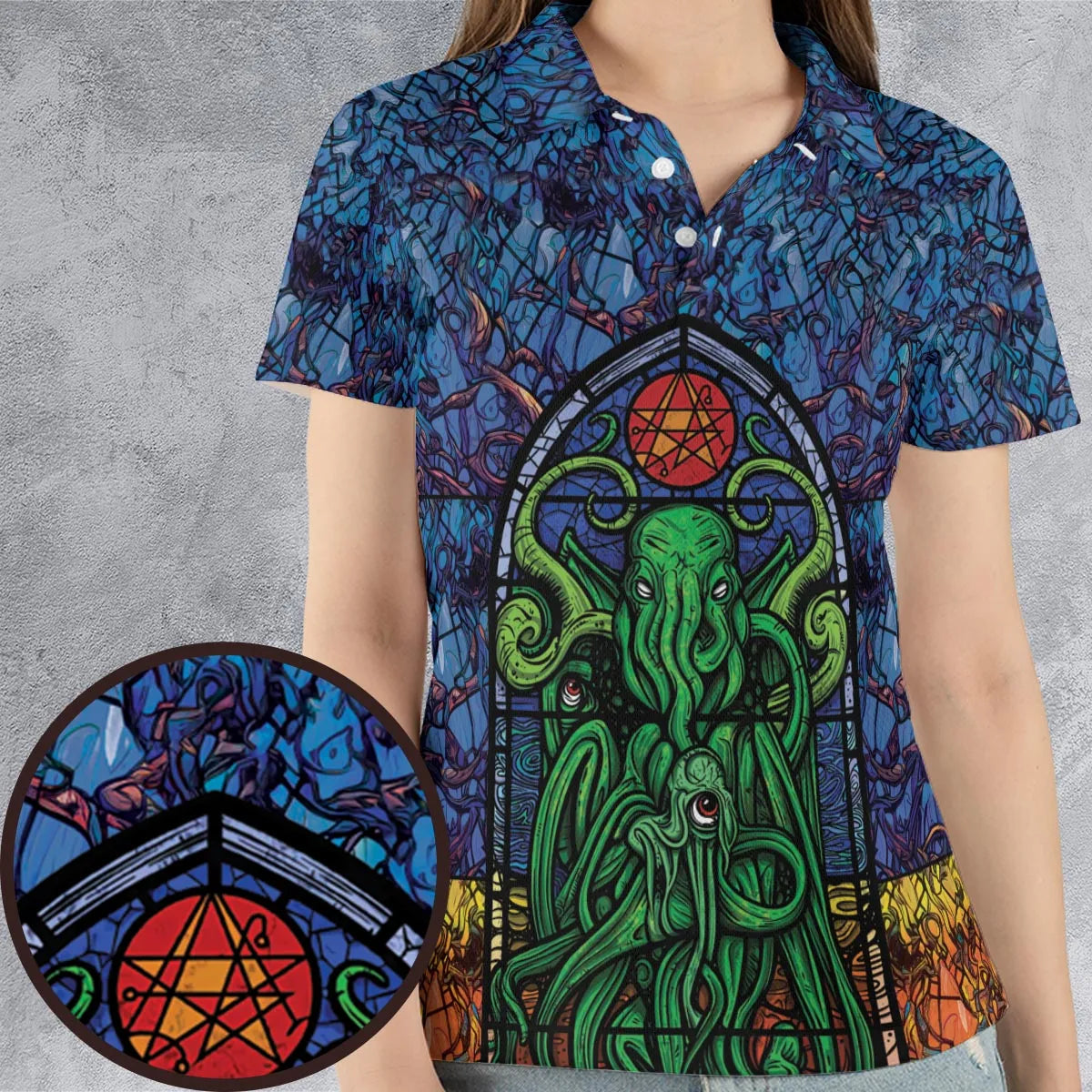 Stained Glass Cthulhu H.P Lovecraft AOP Men/Women Polo Shirt