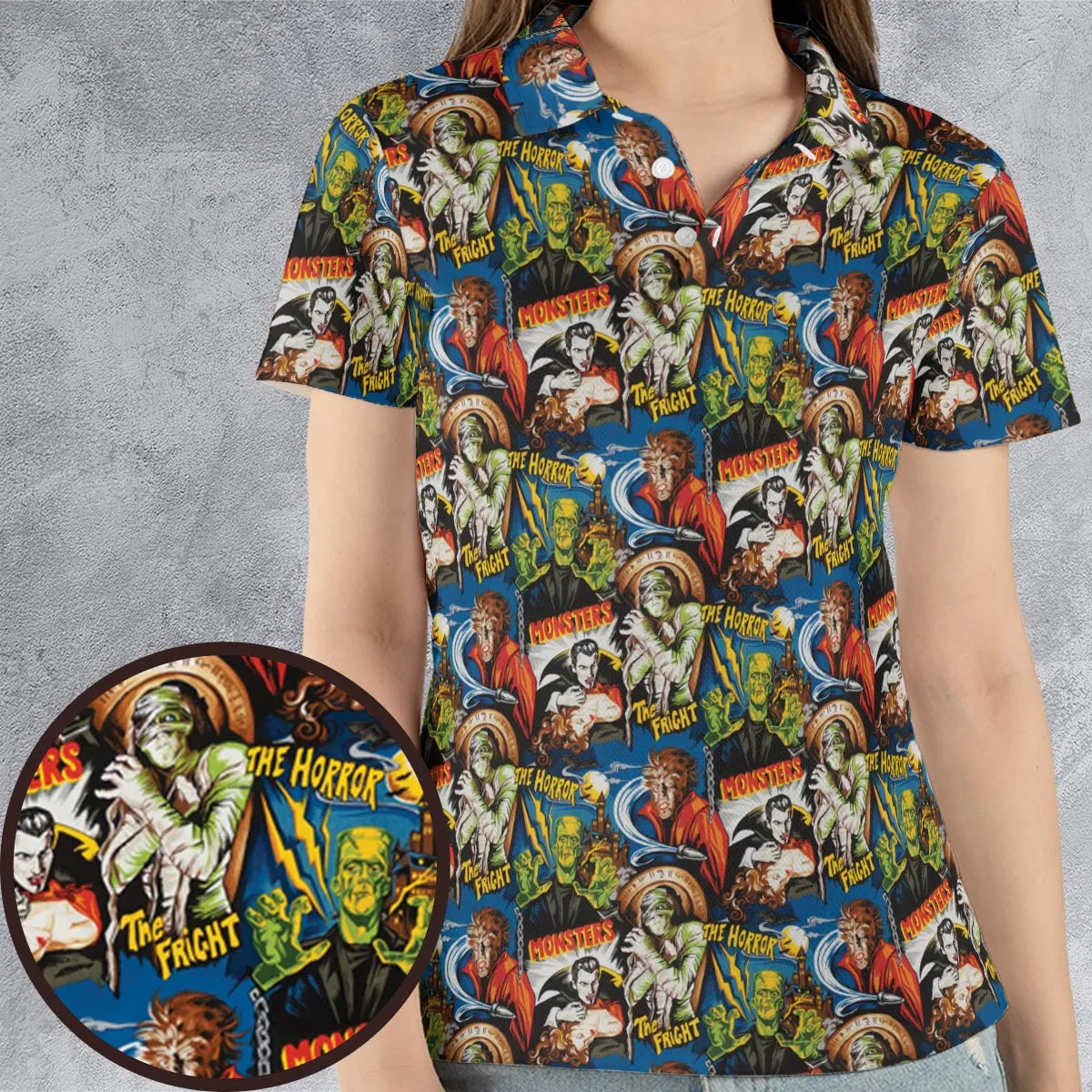 The Horror The Fright Dracula Frankenstein The Wolfman Monster Universal Pattern AOP Men/Women Polo Shirt