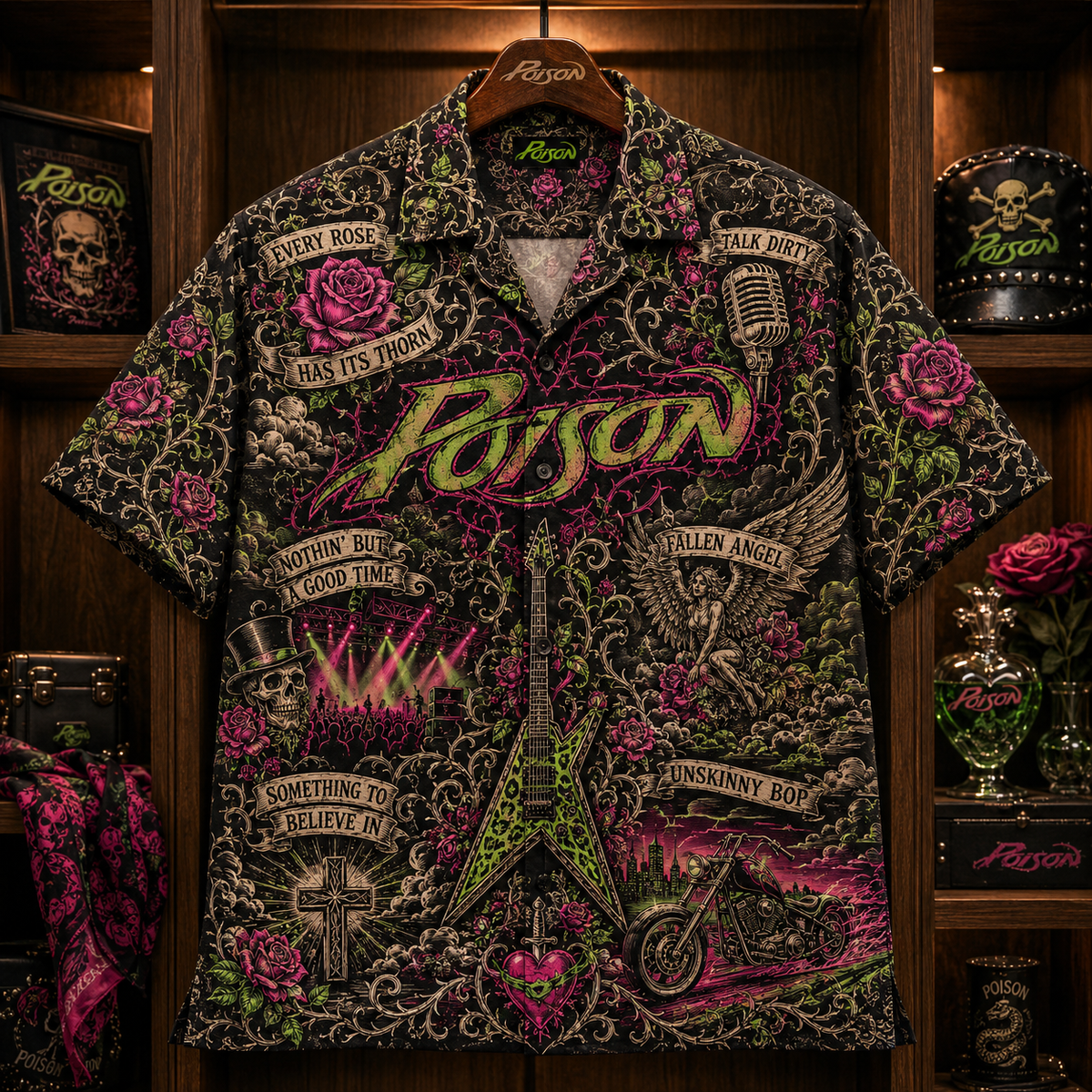 Poison Hawaiian Shirt - Glam Metal Rock Band Button Up Shirt with Every Rose Has Its Thorn, Talk Dirty and Unskinny Bop Art