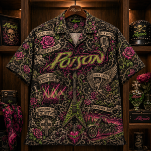 Poison Hawaiian Shirt - Glam Metal Rock Band Button Up Shirt with Every Rose Has Its Thorn, Talk Dirty and Unskinny Bop Art