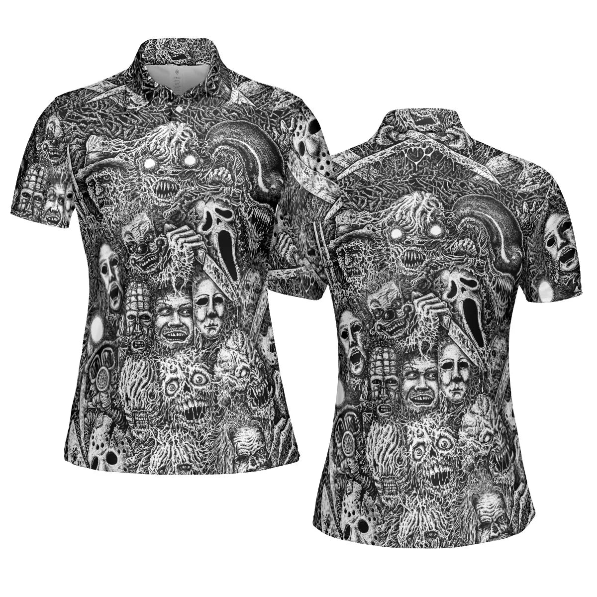 Horror Movie Assemblage Ghostface Xenomorph Pinhead Freddy Michael Myers AOP Men/Women Polo Shirt