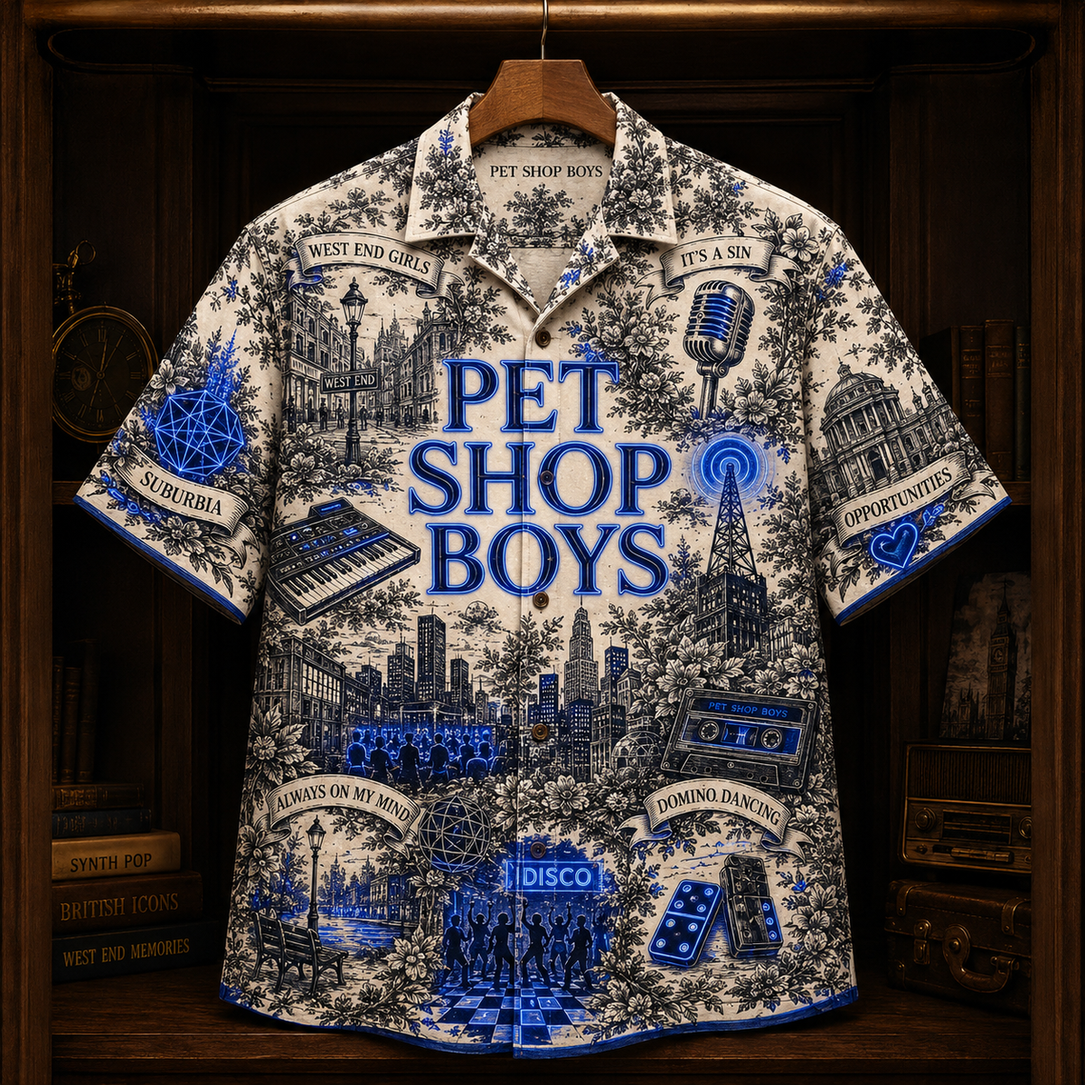 Pet Shop Boys Hawaiian Shirt - Synth Pop Band Button Up Shirt with West End Girls, It’s a Sin and Domino Dancing Art