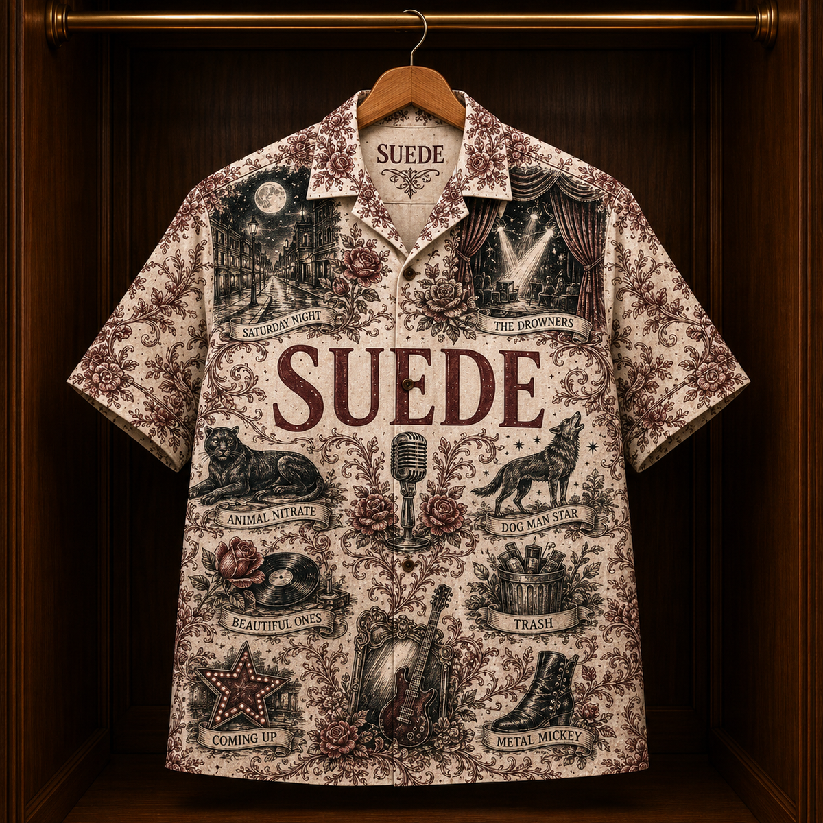 Suede Hawaiian Shirt - Unisex Vintage Toile De Jouy Beautiful Ones Button Up