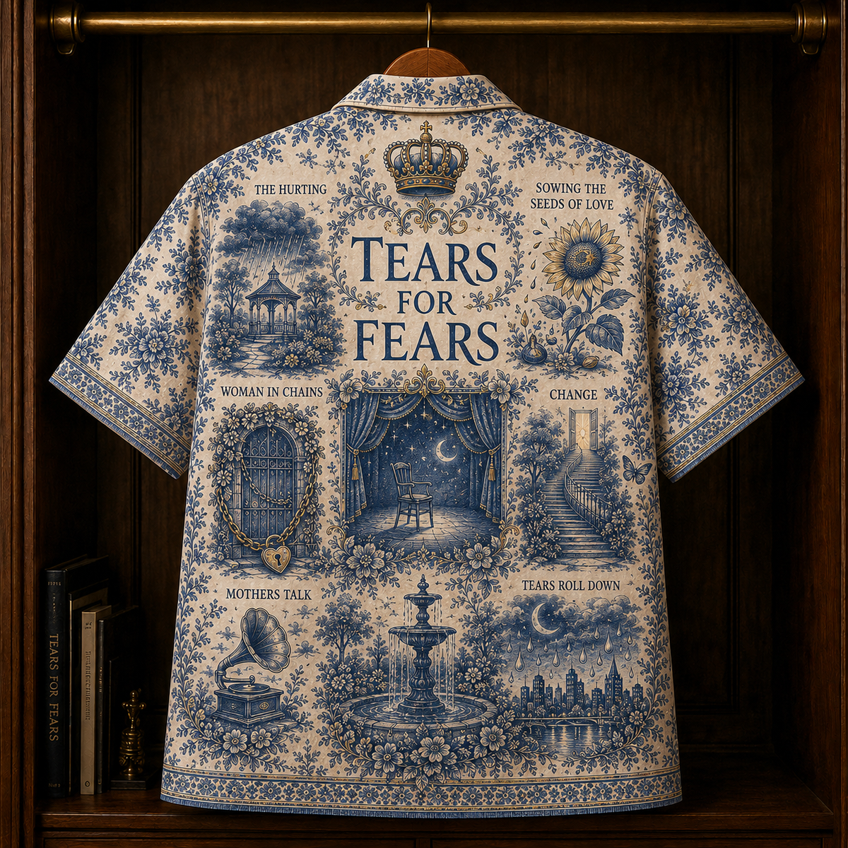 Tears For Fears Hawaiian Shirt - Unisex Toile De Jouy Delft Blue Floral Button Up