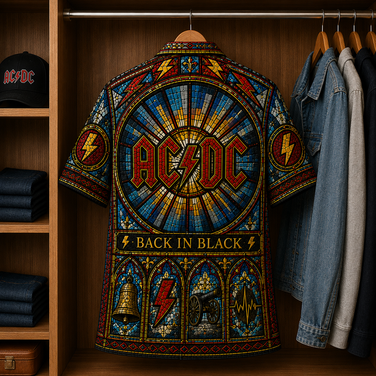 ACDC Stained Glass Hawaiian Shirt - Unisex Music Collage Button Up