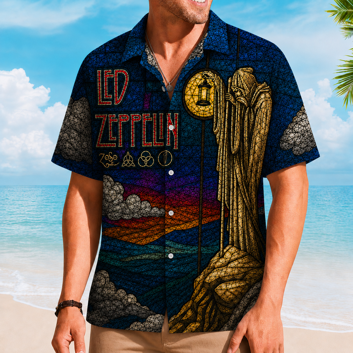 Led Zeppelin Stained Glass The Hermit Hawaiian Shirt, Rock Band Button Up Shirt