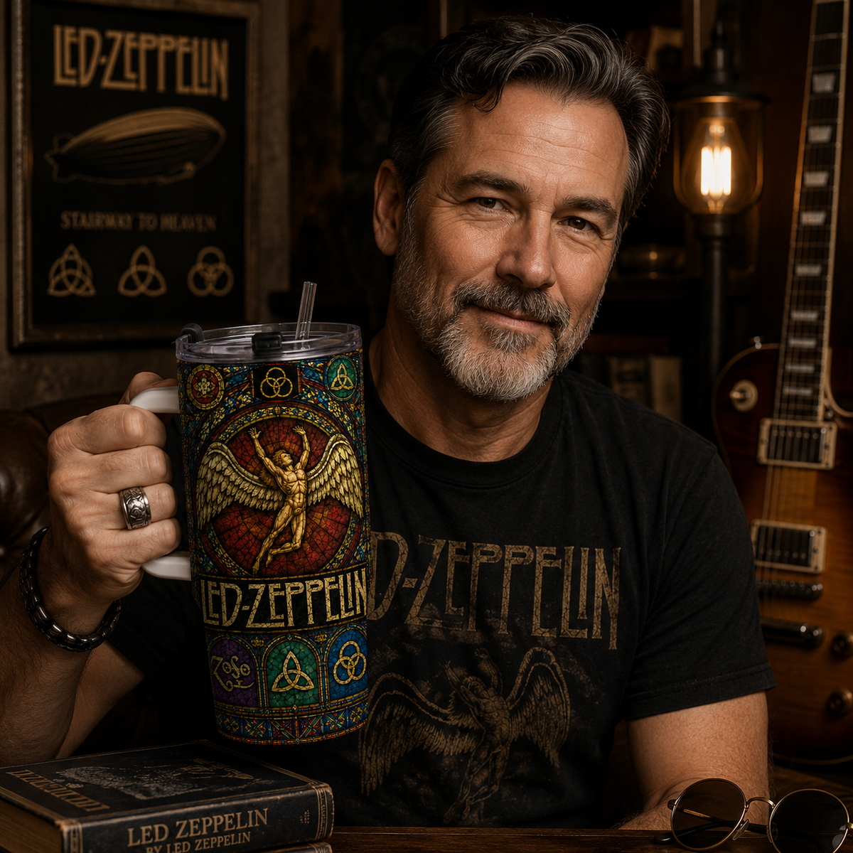Led Zeppelin Stained Glass Tumbler 20oz & 40oz Stainless Steel Travel Mug Inspired by Classic Rock