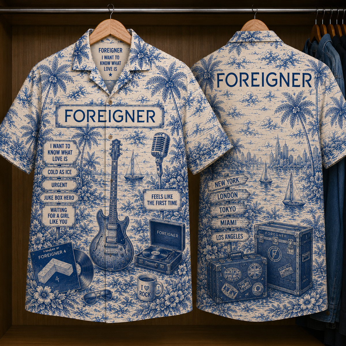 Foreigner Hawaiian Shirt – Vintage Tropical Rock Button-Up Featuring I Want to Know What Love Is, Cold as Ice & Juke Box Hero