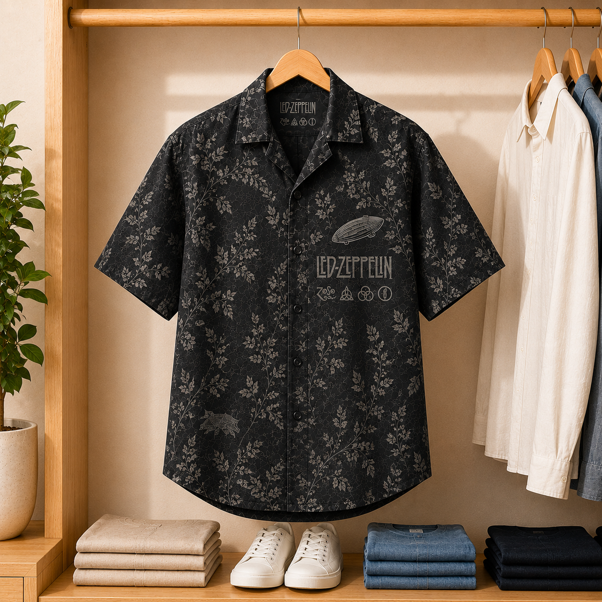 Led Zeppelin Navy Floral Toile Hawaiian Shirt, Zeppelin Airship Button-Up Shirt, Classic Rock Fan Gift