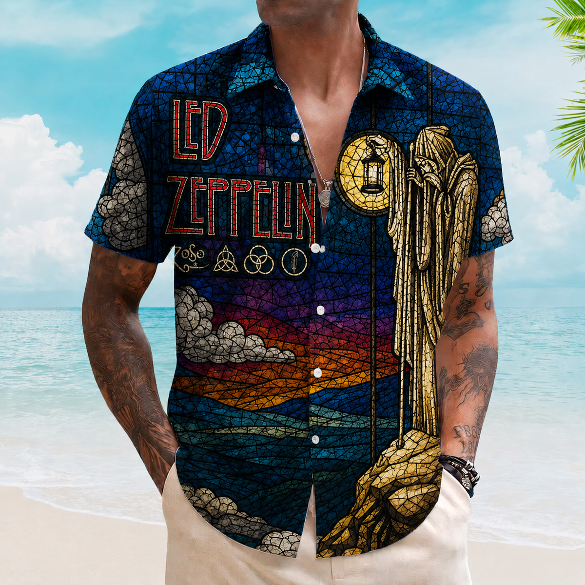 Led Zeppelin Stained Glass The Hermit Hawaiian Shirt, Rock Band Button Up Shirt