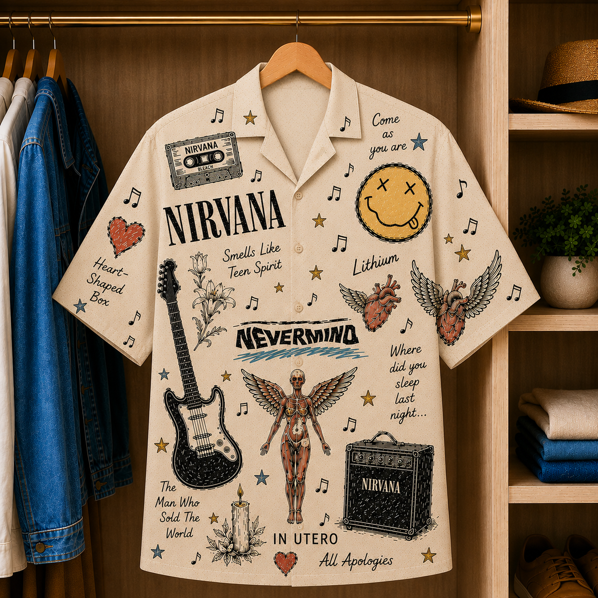 Nirvana Vintage Sketch Hawaiian Shirt - Nevermind Button Up Shirt with Smiley Face, In Utero Angel and Classic Grunge Artwork