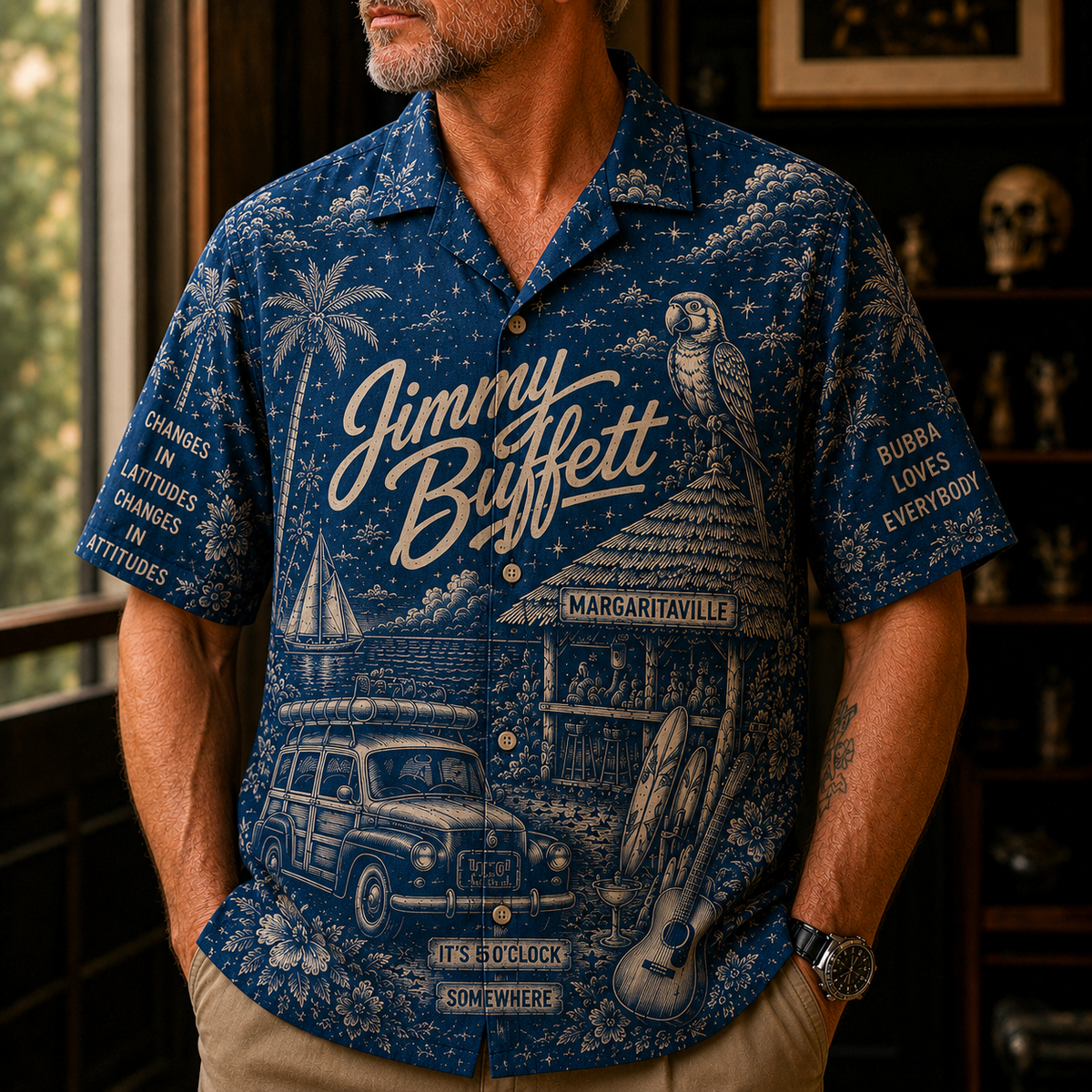 Jimmy Buffett Margaritaville Toile Hawaiian Shirt - Classic Rock Vintage All-Over Print Button-Up Shirt
