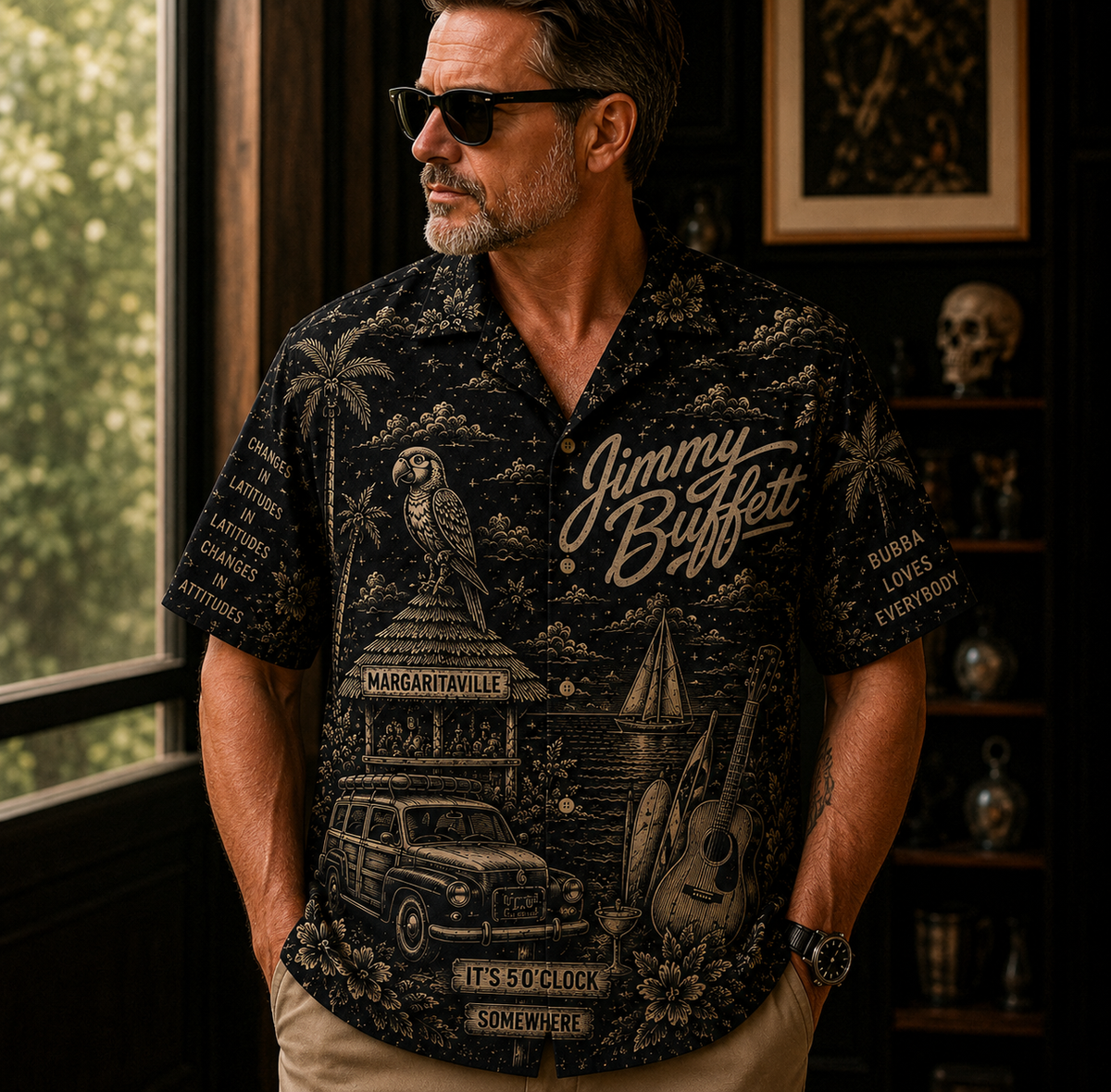 Jimmy Buffett Margaritaville Toile Hawaiian Shirt - Classic Rock Vintage All-Over Print Button-Up Shirt