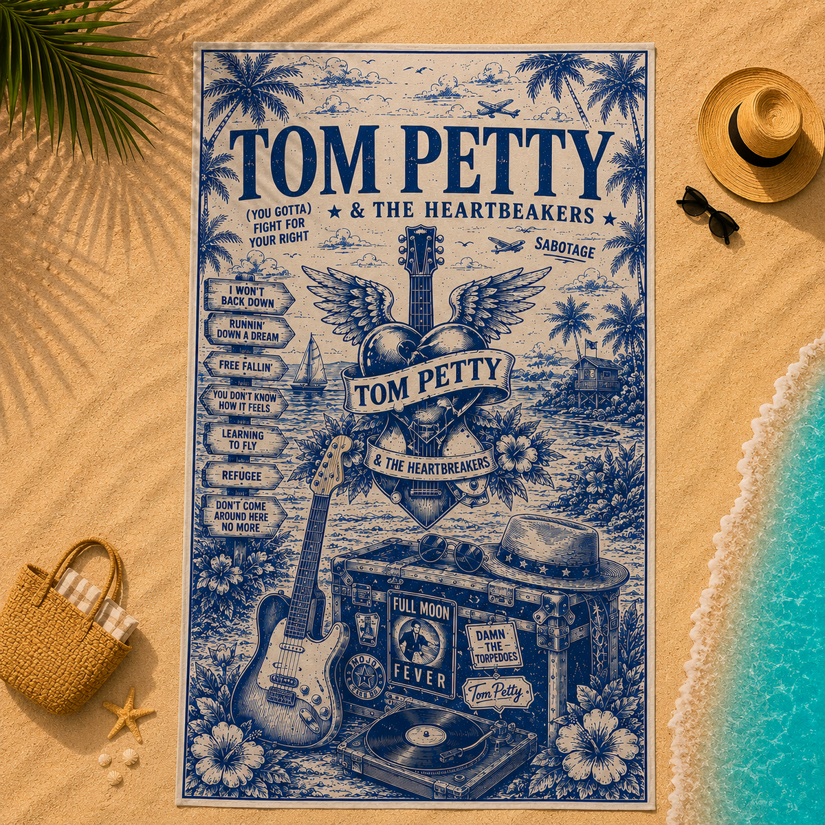 Tom Petty & The Heartbreakers Beach Towel Vintage Tropical Rock Music Design Featuring Free Fallin’, Learning to Fly & Full Moon Fever