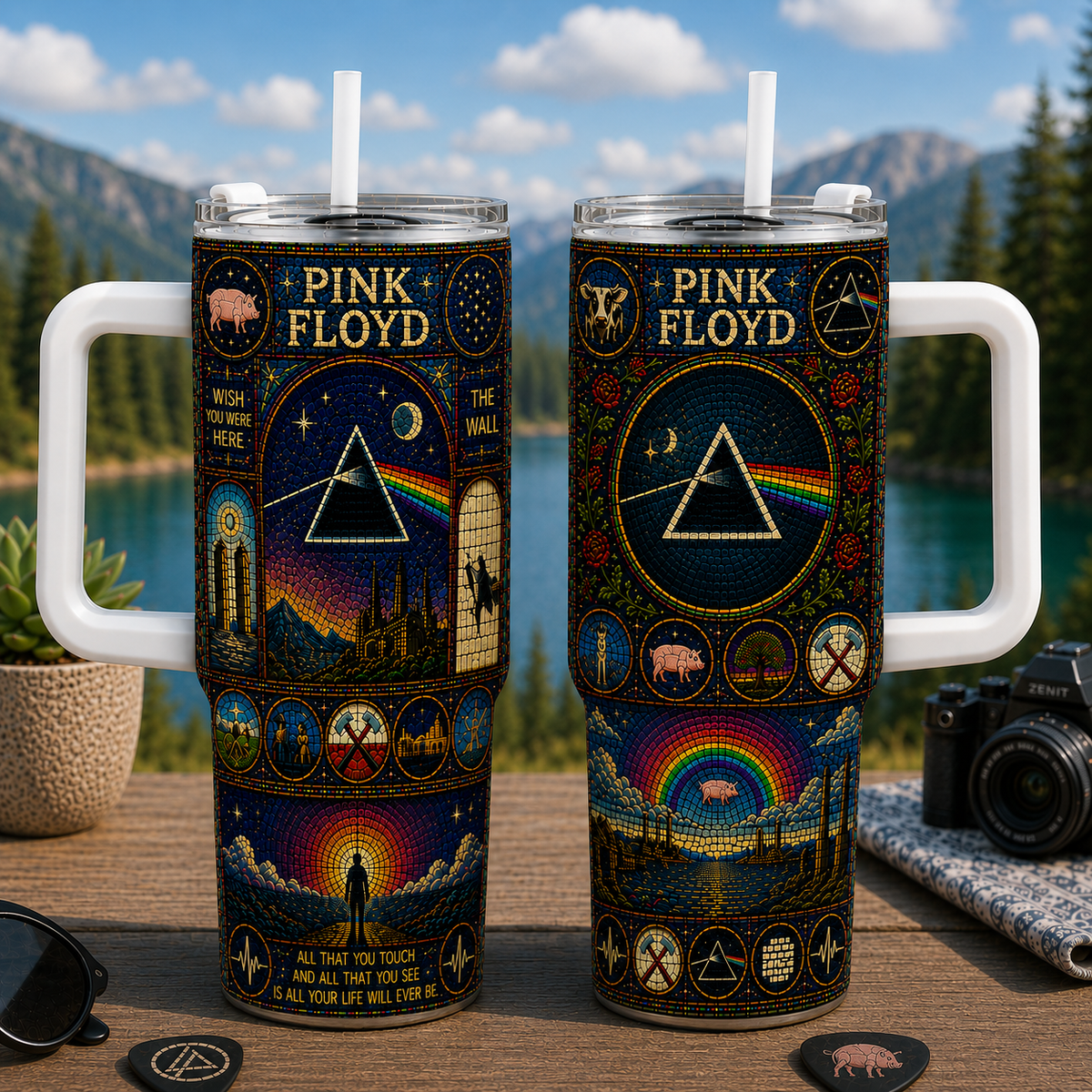 Pink Floyd Stained Glass 20oz 40oz Tumbler The Dark Side of the Moon Stainless Steel Travel Tumbler with Lid