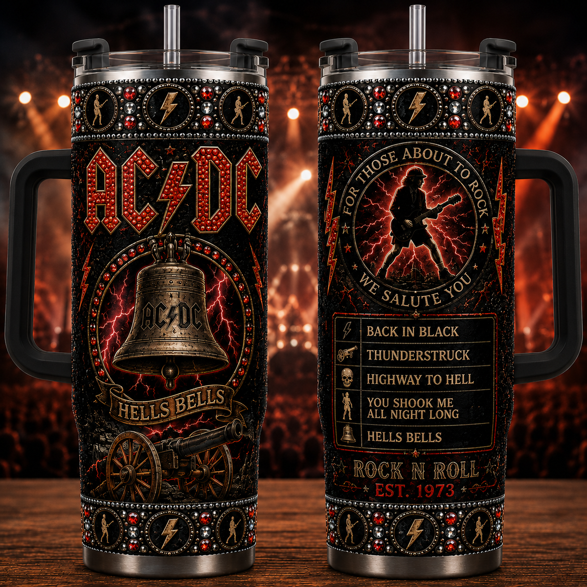 AC/DC 40oz Rhinestone Insulated Tumbler with Handle Rock Band Stainless Steel Travel Mug with Straw and Lid