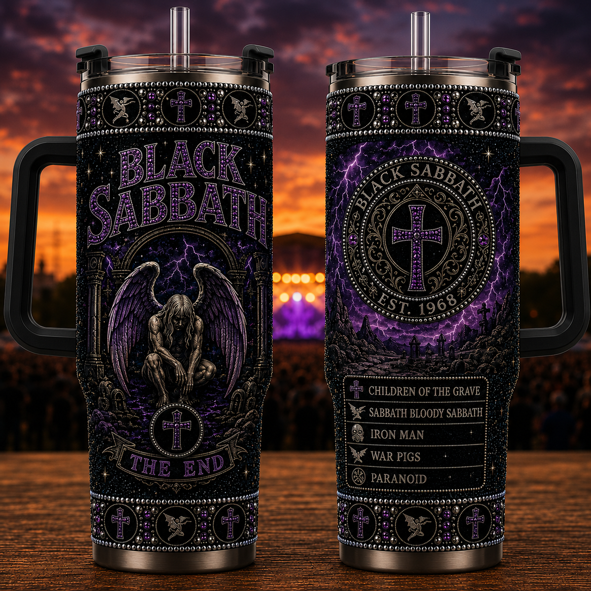 Black Sabbath 40oz Rhinestone Insulated Tumbler with Handle Rock Band Stainless Steel Travel Mug with Straw and Lid