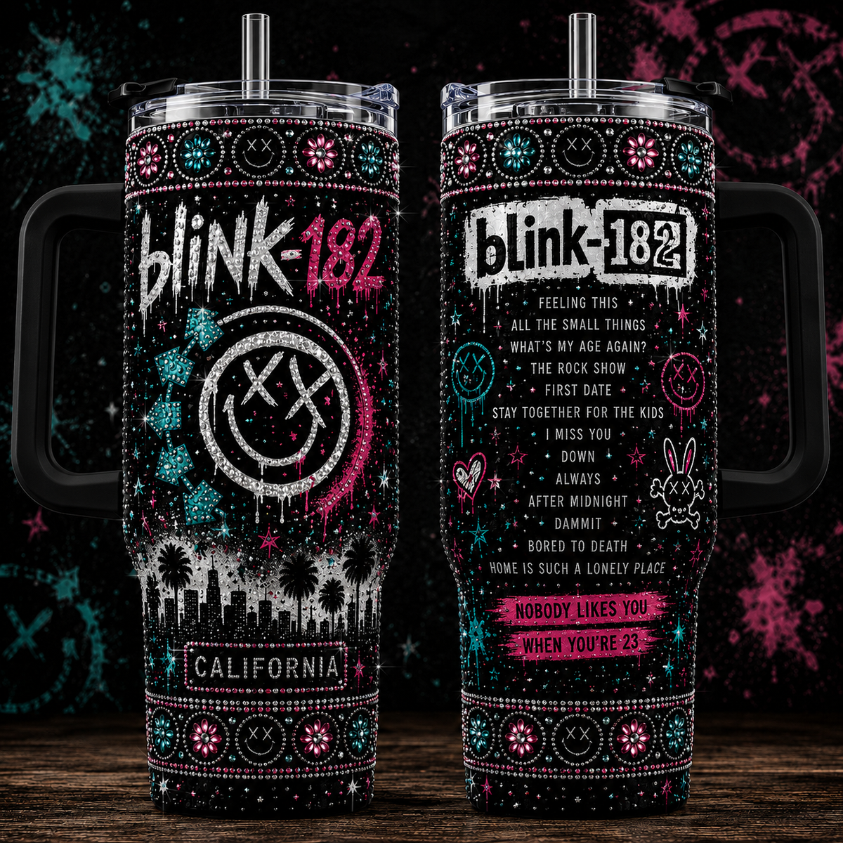 Blink-182 40oz Rhinestone Insulated Tumbler with Handle Rock Band Stainless Steel Travel Mug with Straw and Lid