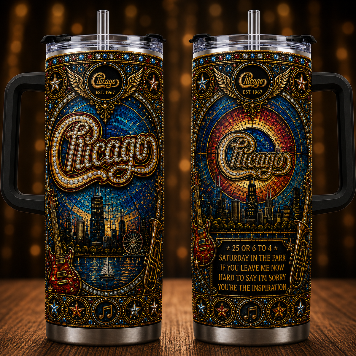 Chicago 40oz Rhinestone Insulated Tumbler with Handle Rock Band Stainless Steel Travel Mug with Straw and Lid
