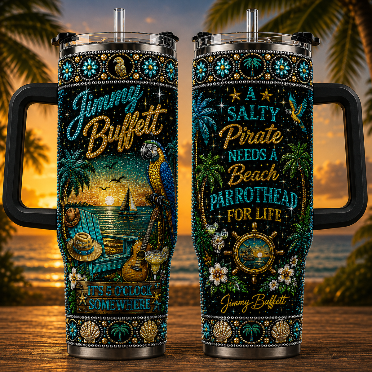 Jimmy Buffett 40oz Rhinestone Insulated Tumbler with Handle Stainless Steel Travel Mug with Straw and Lid