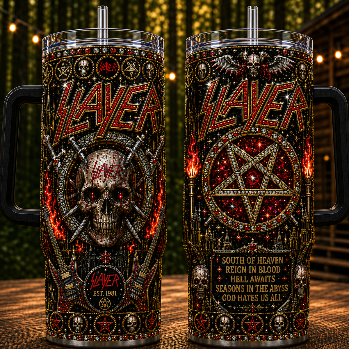 Slayer 40oz Rhinestone Insulated Tumbler with Handle Stainless Steel Travel Mug with Straw and Lid