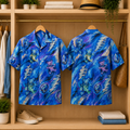 Grateful Dead Dancing Bears Painterly Hawaiian Shirt - Blue Lightning Skull All-Over Print Summer Button-Up Shirt