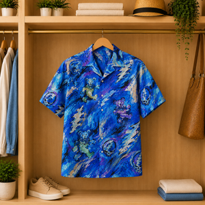 Grateful Dead Dancing Bears Painterly Hawaiian Shirt - Blue Lightning Skull All-Over Print Summer Button-Up Shirt