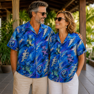 Grateful Dead Dancing Bears Painterly Hawaiian Shirt - Blue Lightning Skull All-Over Print Summer Button-Up Shirt